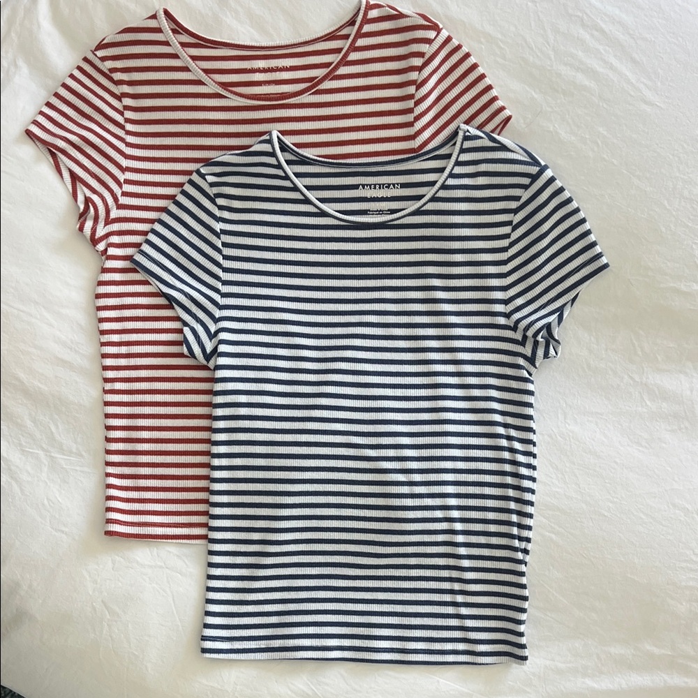 American Eagle Orange and Navy Striped Tees, Size S, Set of 2